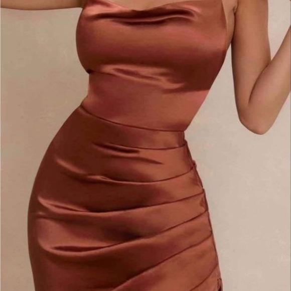 Chic Asymmetrical Satin Dress in Rich Brown - Picture 2 of 3